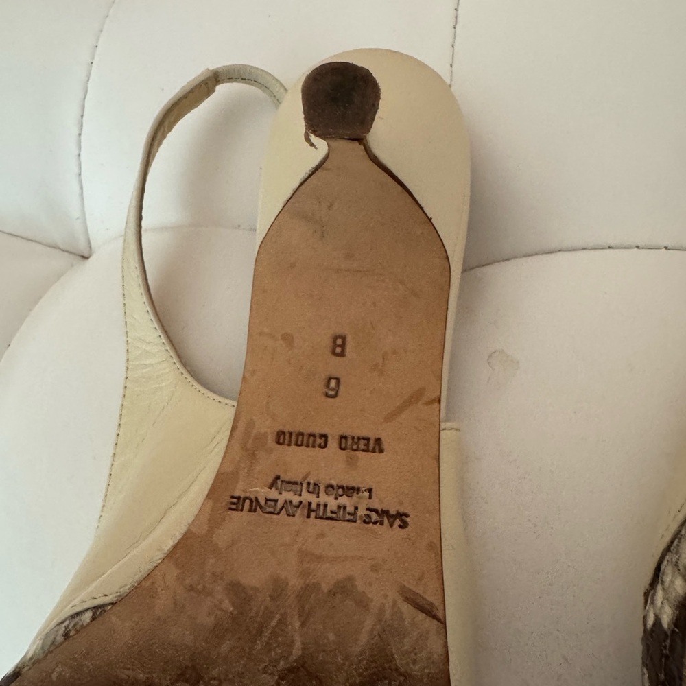 Saks Fifth Avenue Cream and Brown Snakeskin Heels. Used, size 6 - Picture 5 of 6